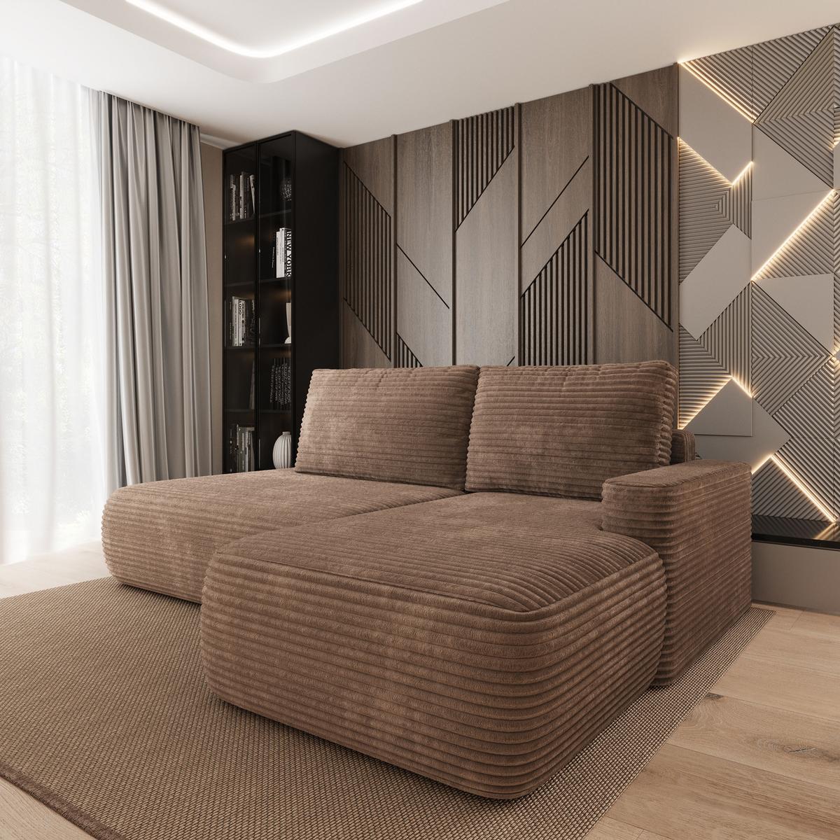 ECKSOFA AVINI T R-S Beige Kordstoff mit Schlaffunktion - Beige, Holzwerkstoff/Textil (277/160cm) - MASSENO