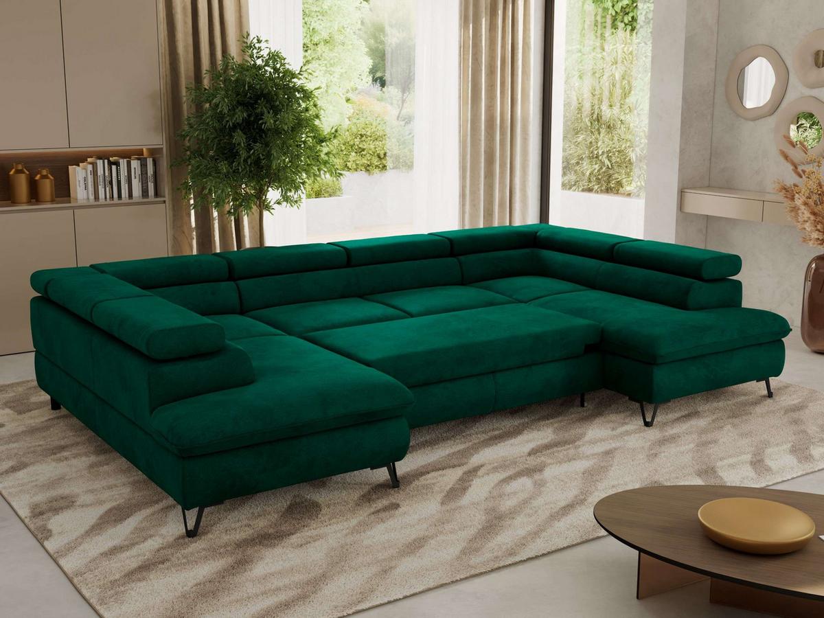 WOHNLANDSCHAFT PABLO U Velvet Dunkelgrün - Dunkelgrün/Schwarz, Textil/Metall (346/76/208cm) - MKS