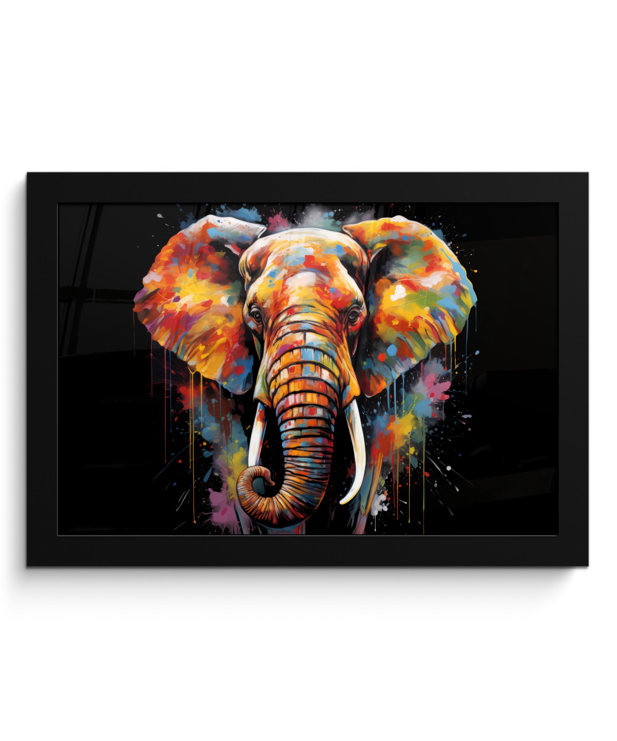 POSTER MIT RAHMEN Elefant - Graffiti - Schwarz - Tiere - Farben 30x20 cm - Schwarz, Papier (30/20cm) - MuchoWow