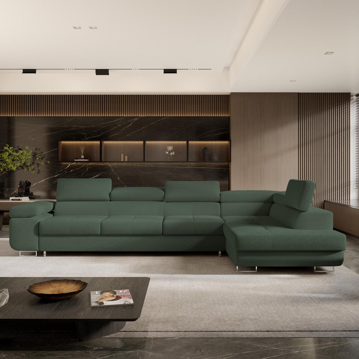 ECKSOFA VICENTE Grün Boucle-Stoff mit Schlaffunktion - Grün, Holz (346/202cm) - MASSENO