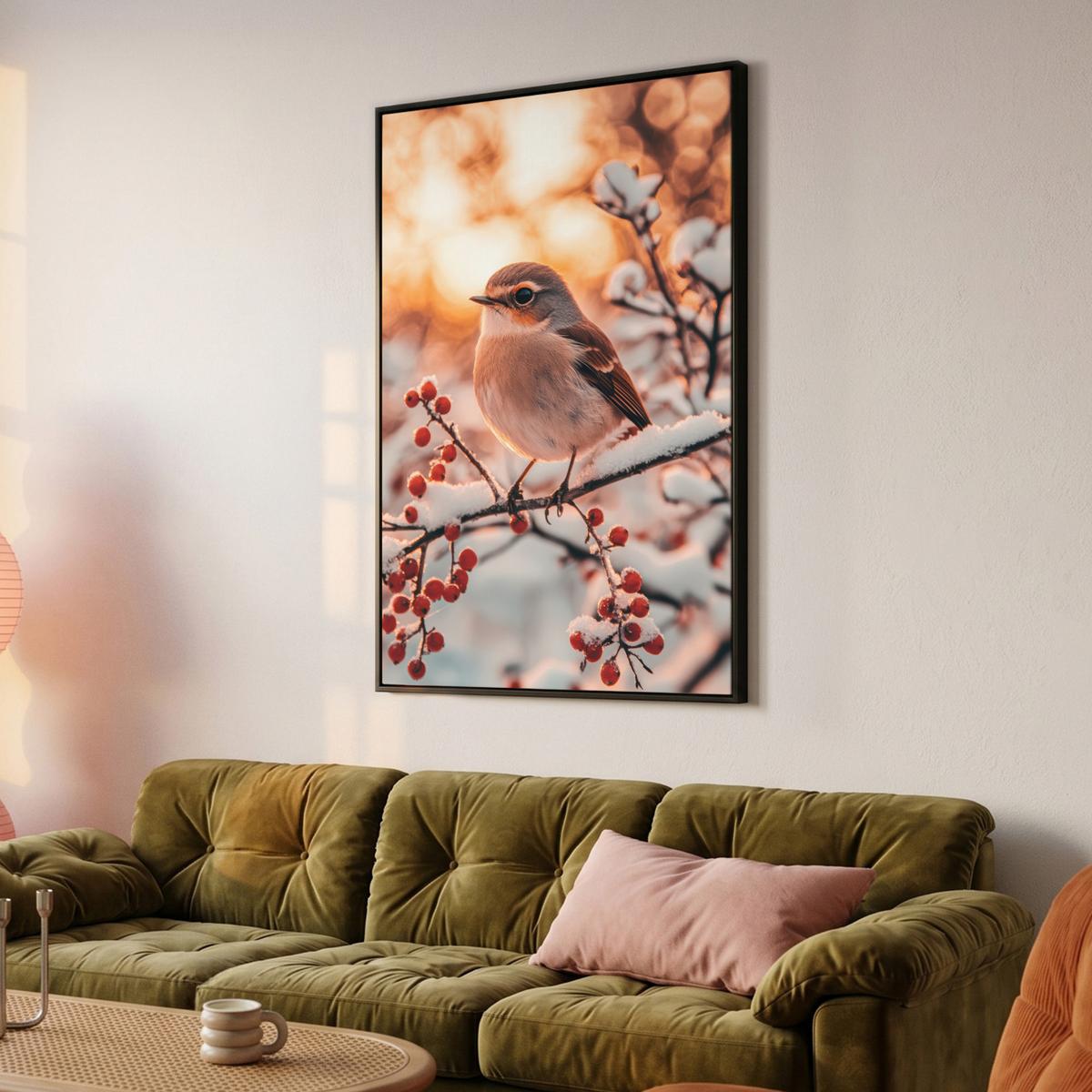 LEINWAND Bilder mit Rahmen - Vogel - Zweig - Winter - Tiere - Schnee - 80x120 - Bernsteinfarben, Textil (80/120cm) - MuchoWow