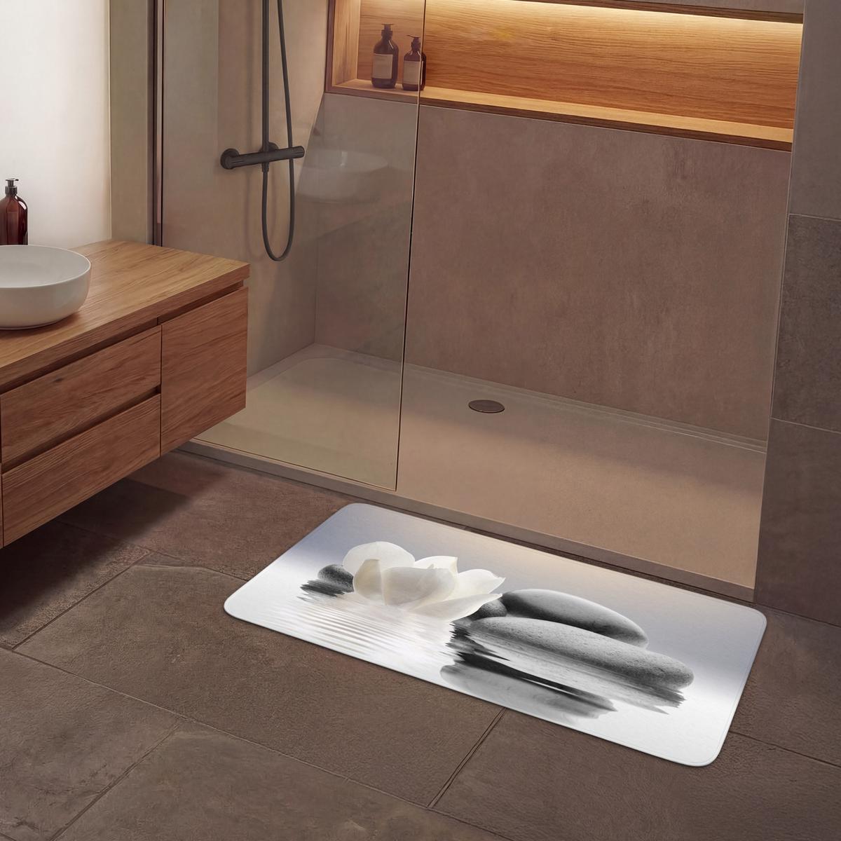 BADEMATTE Steine - Lotus - Weiß - Wasser - Zen 120x60 cm - Weiß, Textil (120/60cm) - OnlyWow