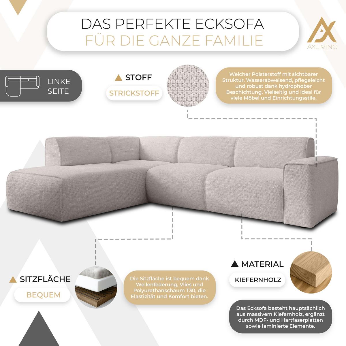 ECKSOFA L Form Didim Taupe 292/220/78 cm – großes Sofa stilvoll & bequem L - Taupe/Schwarz, Kunststoff/Textil (220/292cm) - AX Living