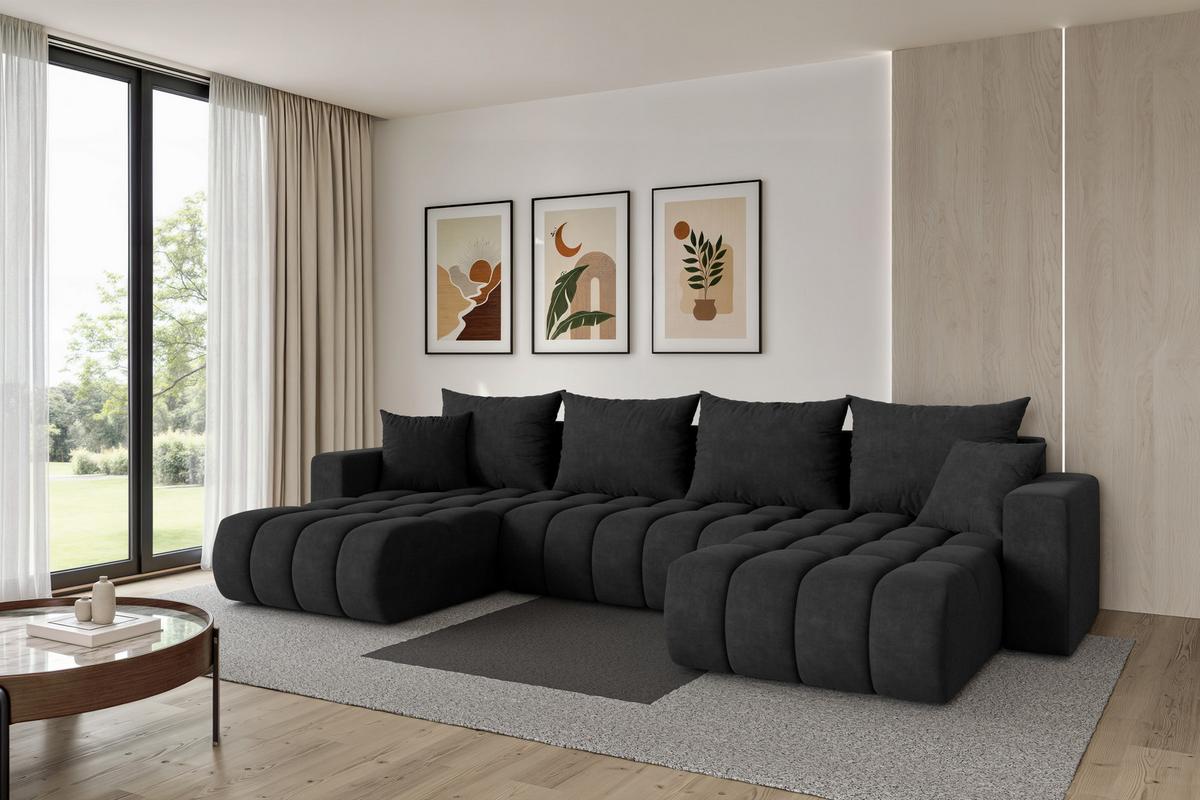 WOHNLANDSCHAFT mit Schlaffunktion und Bettkasten MILA-U-v1 378x194x86 Schwarz Velours - Schwarz, Holzwerkstoff/Kunststoff (378/86/194cm) - ALTDECOR