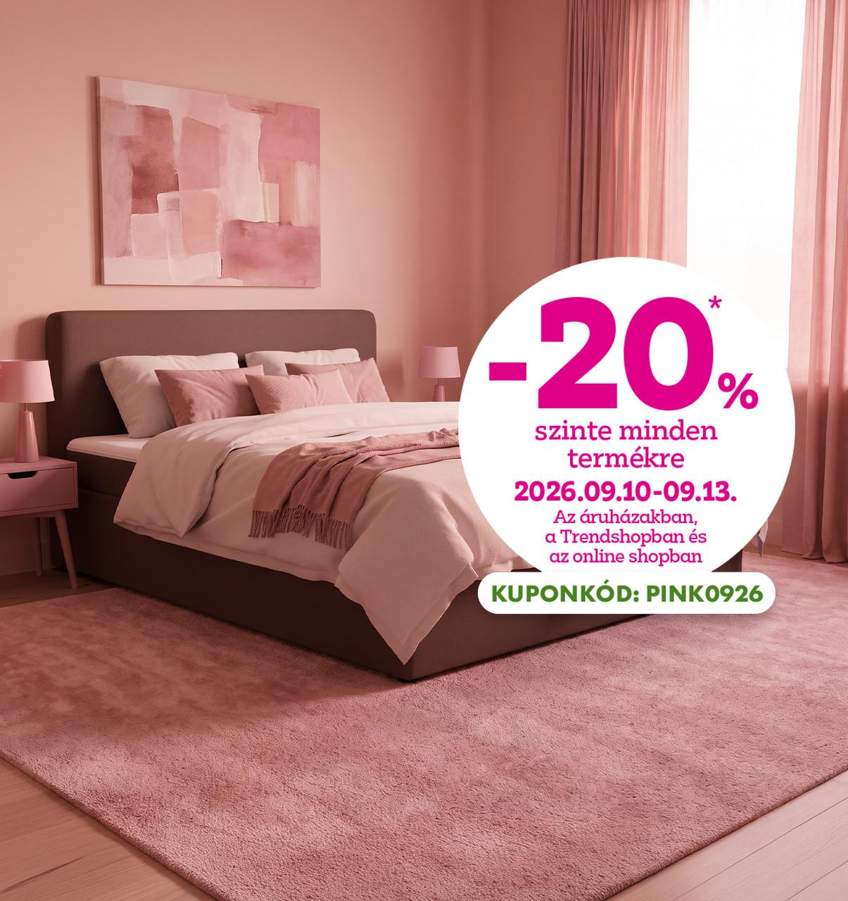 Pink Weekend: -20% szinte minden termékre 2026.09.10-13. között az áruházakban a Trendhsopban és az online shopban! Online vásárlásnál használd a PINK0926 kuponkódot a kedvezményhez!