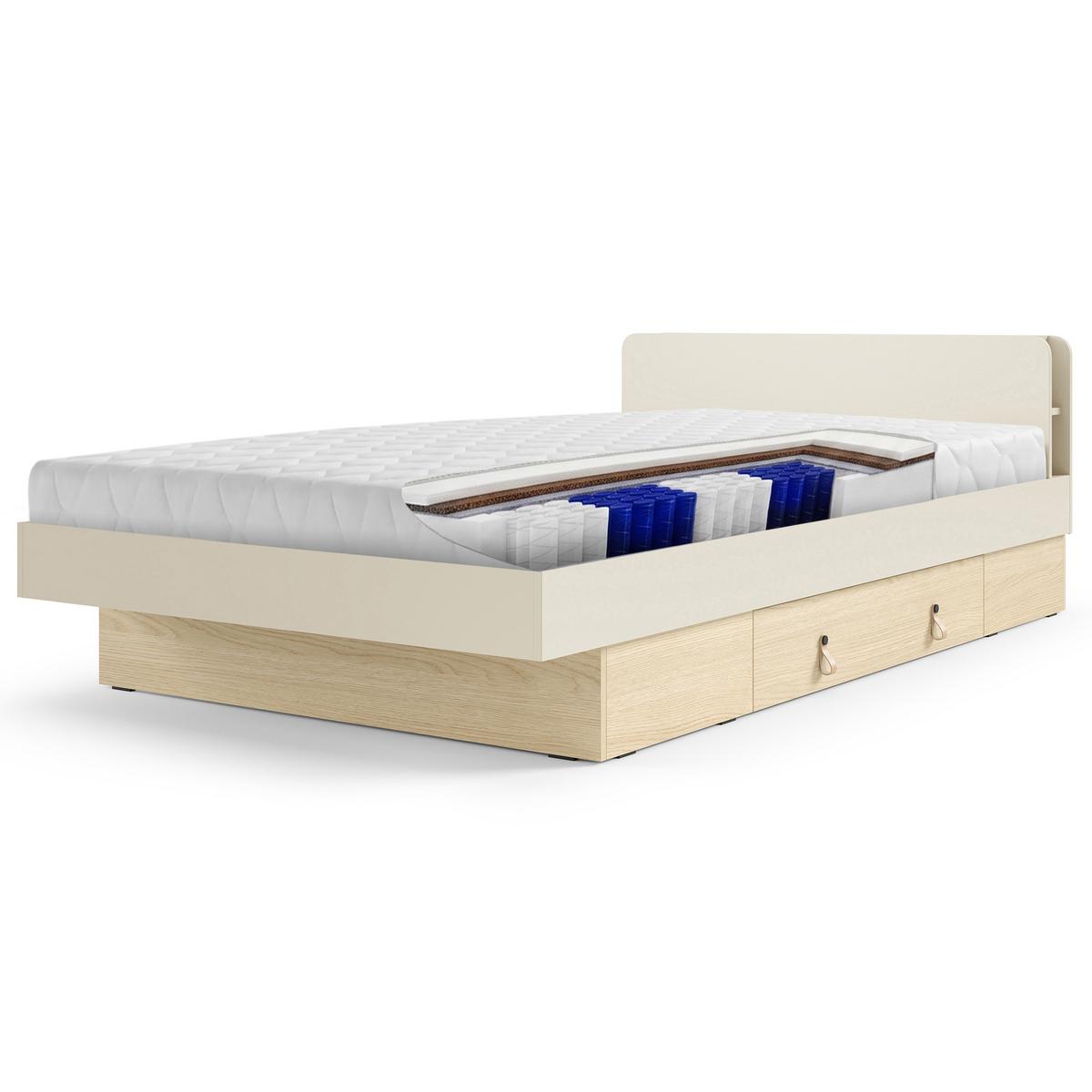 BETT Sorella 120x200 cm mit Lattenrost und Bettkasten-Schublade, mit Matratze 26 cm, Macadamia + Eiche Mavelie - Eichefarben/Beige, Leder/Holzwerkstoff (120/200cm) - Beautysofa