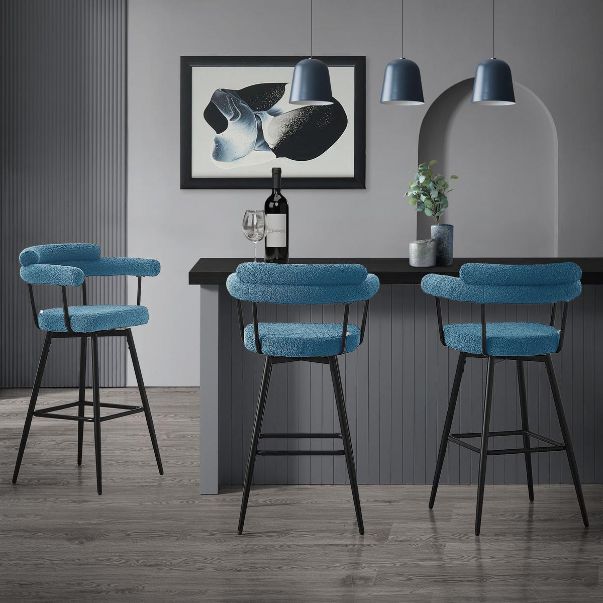 BARHOCKER 2er Set drehbar Blau mit Teddy-Stoff 76 cm hoch - Blau/Schwarz, Textil/Metall (61/103/55cm) - ML-DESIGN