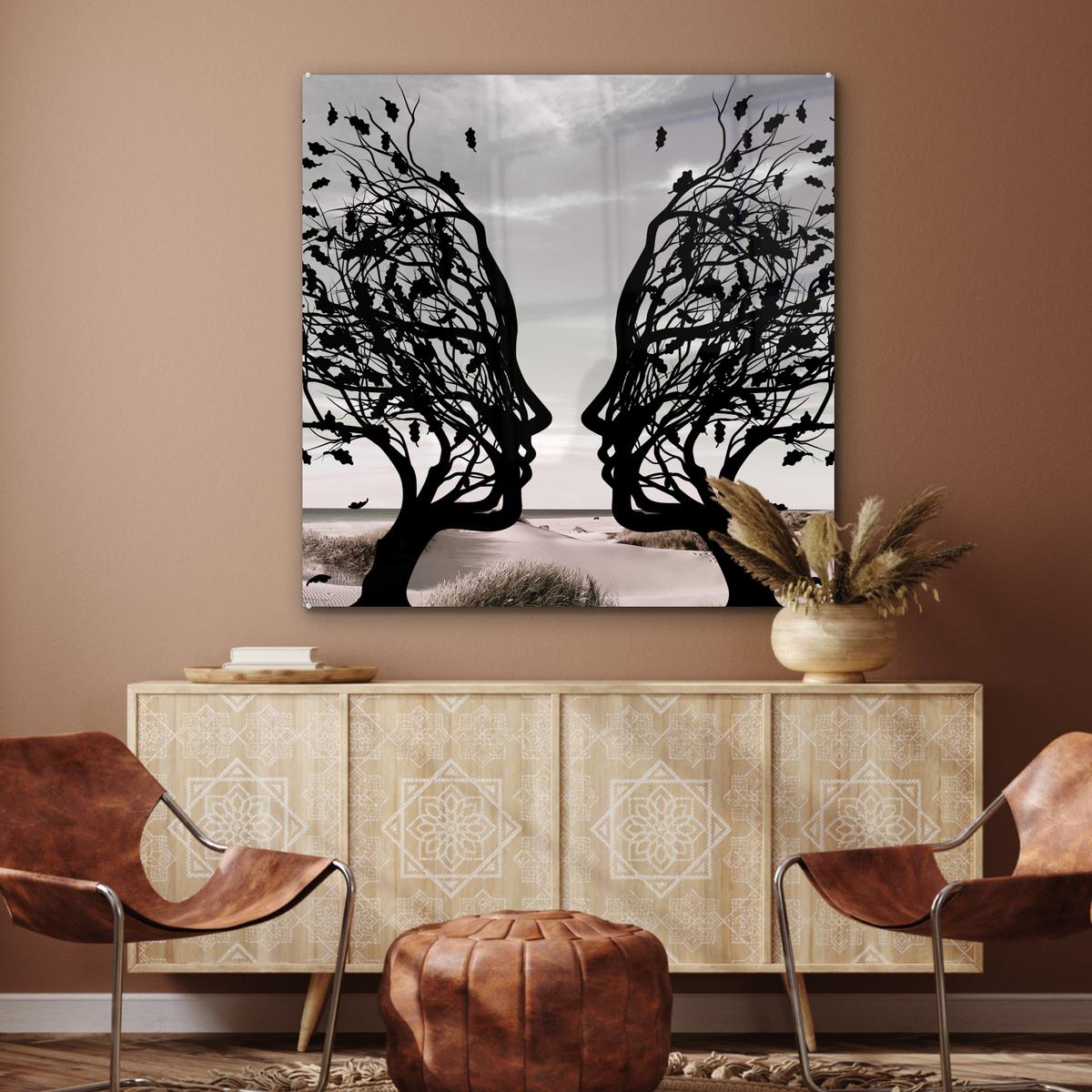 ACRYLGLASBILD Strand - Meer - Menschen - Baum - Moderne Kunst 90x90 cm - Hellgrau, Glas (90/90cm) - MuchoWow