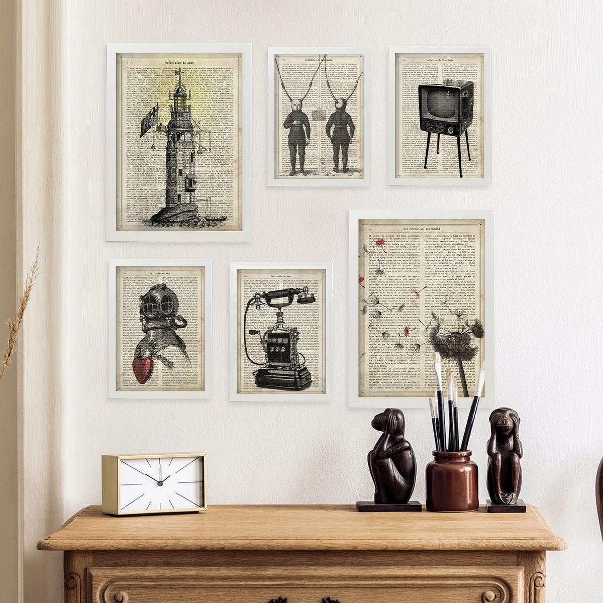 POSTER Set Mit 6 Jahrgang Vintage Papier Plakate Mit Enzyklopädie Revolutionäre Erfindungen Aus Dem Letzten Jahrhundert A3 & A4 Weißer Rahmen - Weiß, Papier (29/3cm) - Nacnic
