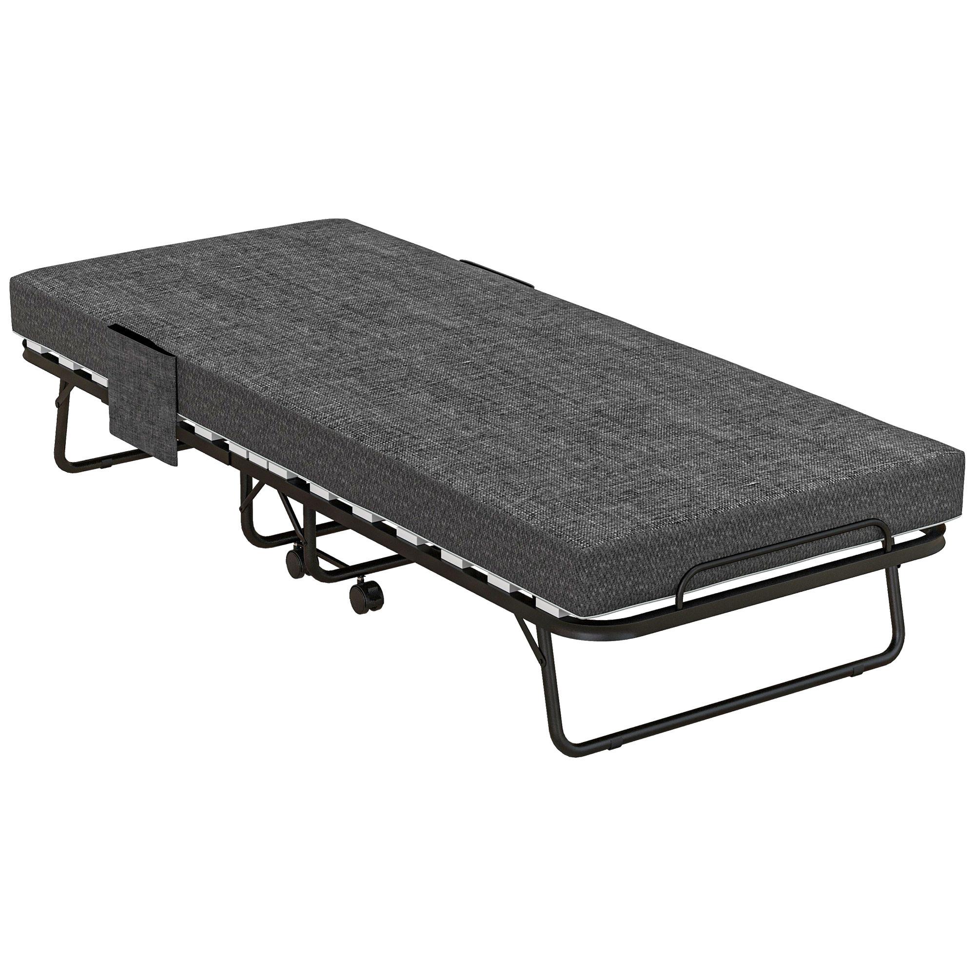 KLAPPBETT Gästebett mit Rollen, 10 cm Matratze, Abdeckung, Seitentasche, Grau - Dunkelgrau, Kunststoff - HOMCOM