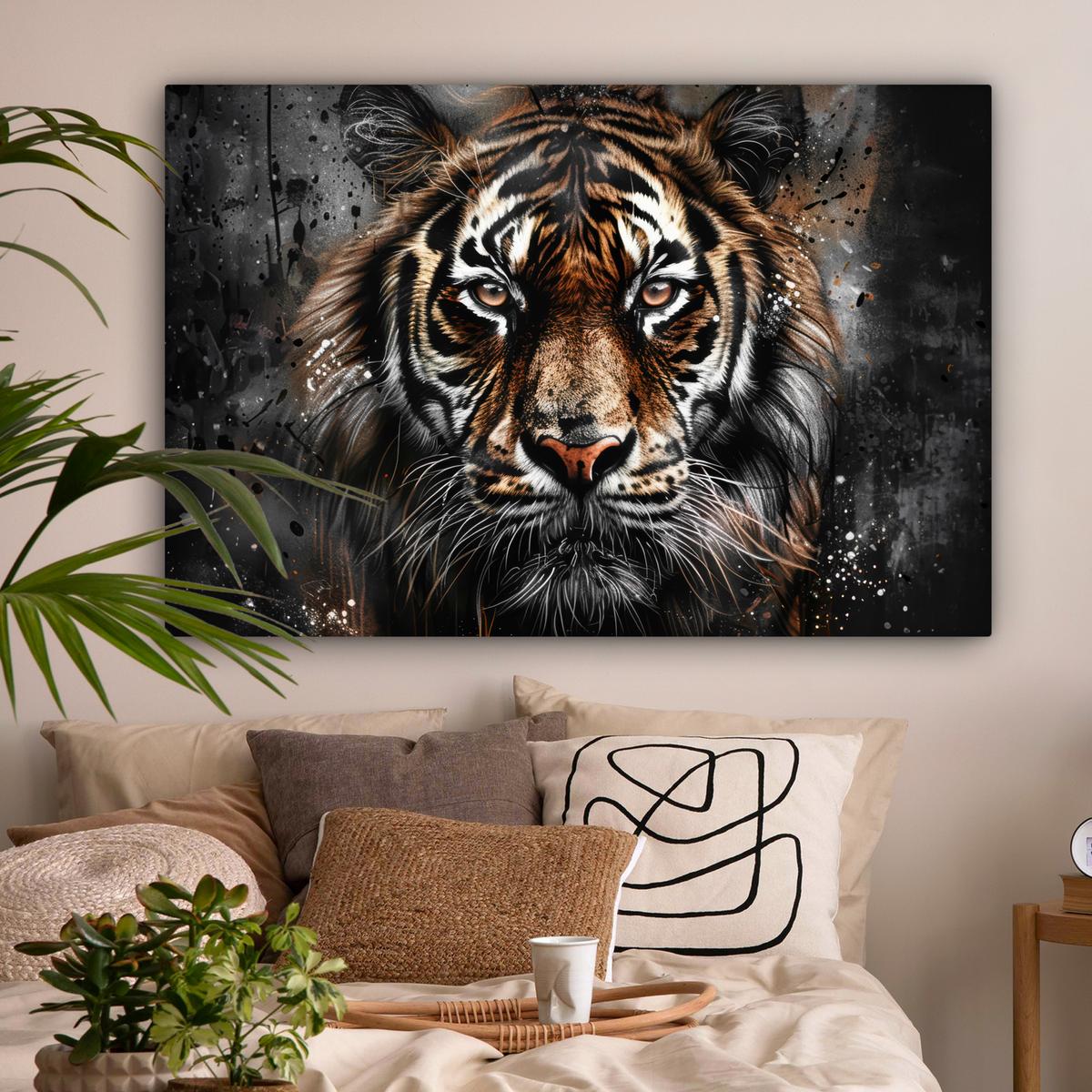 LEINWANDBILD Tiger - Tiere - Porträt - Luxus - Schwarz Groß 140x90 cm - Anthrazit, Textil (140/90cm) - MuchoWow
