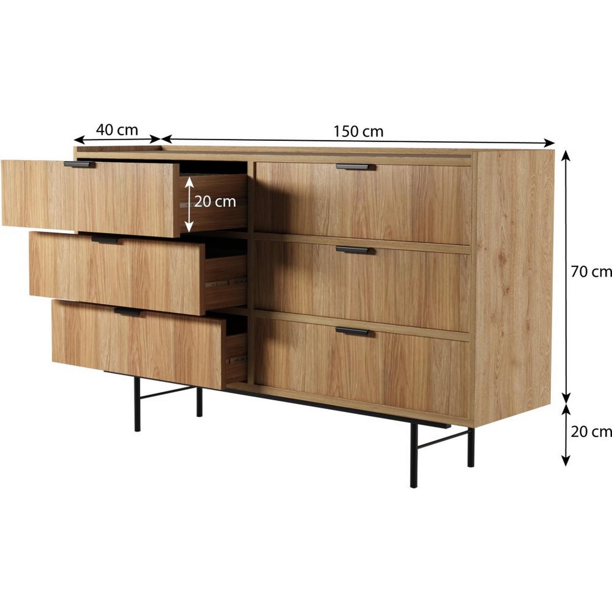 KOMMODE Evron mit 6 Schubladen, Hikora Eiche - Hellbraun/Schwarz, Holzwerkstoff/Metall (150/90/40cm) - Beautysofa