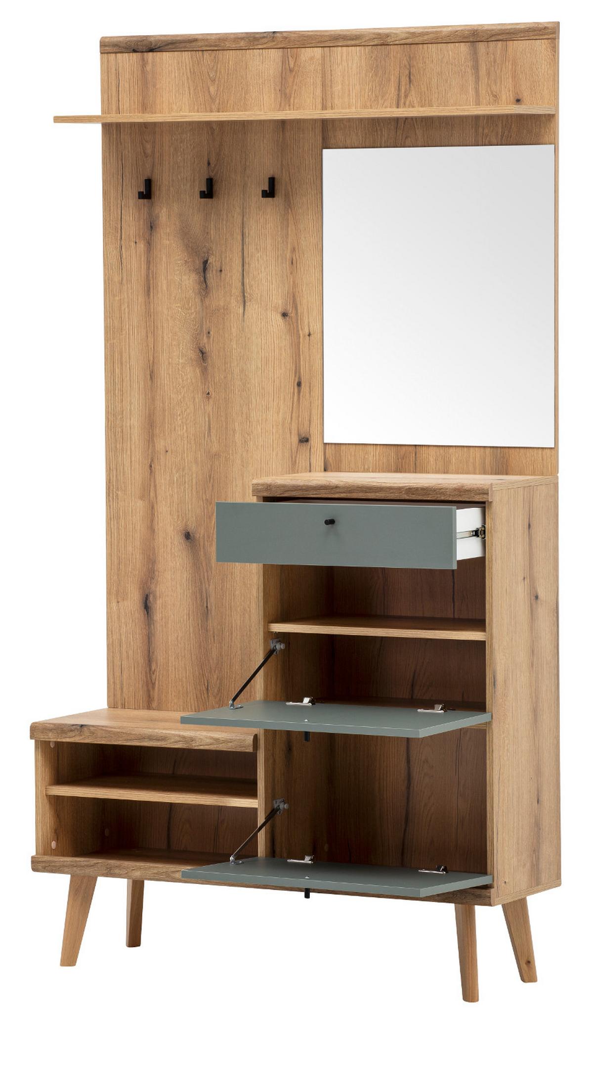 GARDEROBEN-SET Evoke Eiche und Salbei, Kompaktgarderobe skandinavisch 110 x 200 cm - Salbeigrün/Eichefarben, Glas/Holz (110/200/34cm) - Furn.Design