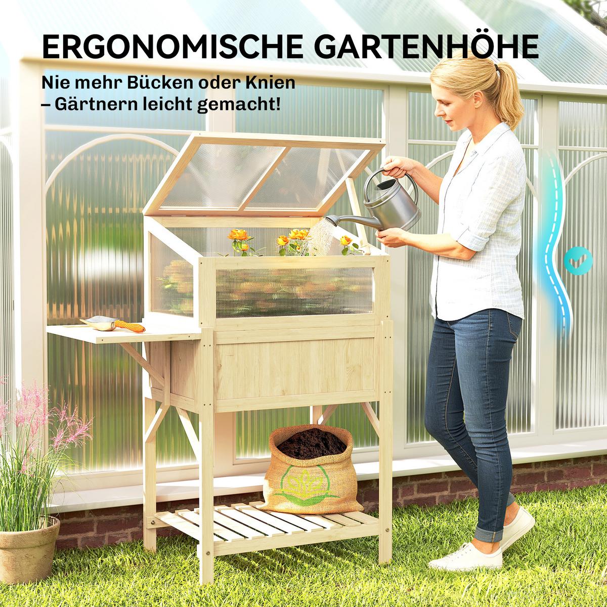 HOCHBEET mit Frühbeetaufsatz aus Holz Pflanzkasten mit Gewächshaus Seitentisch - Naturfarben, Holz (50/120/104cm) - Outsunny