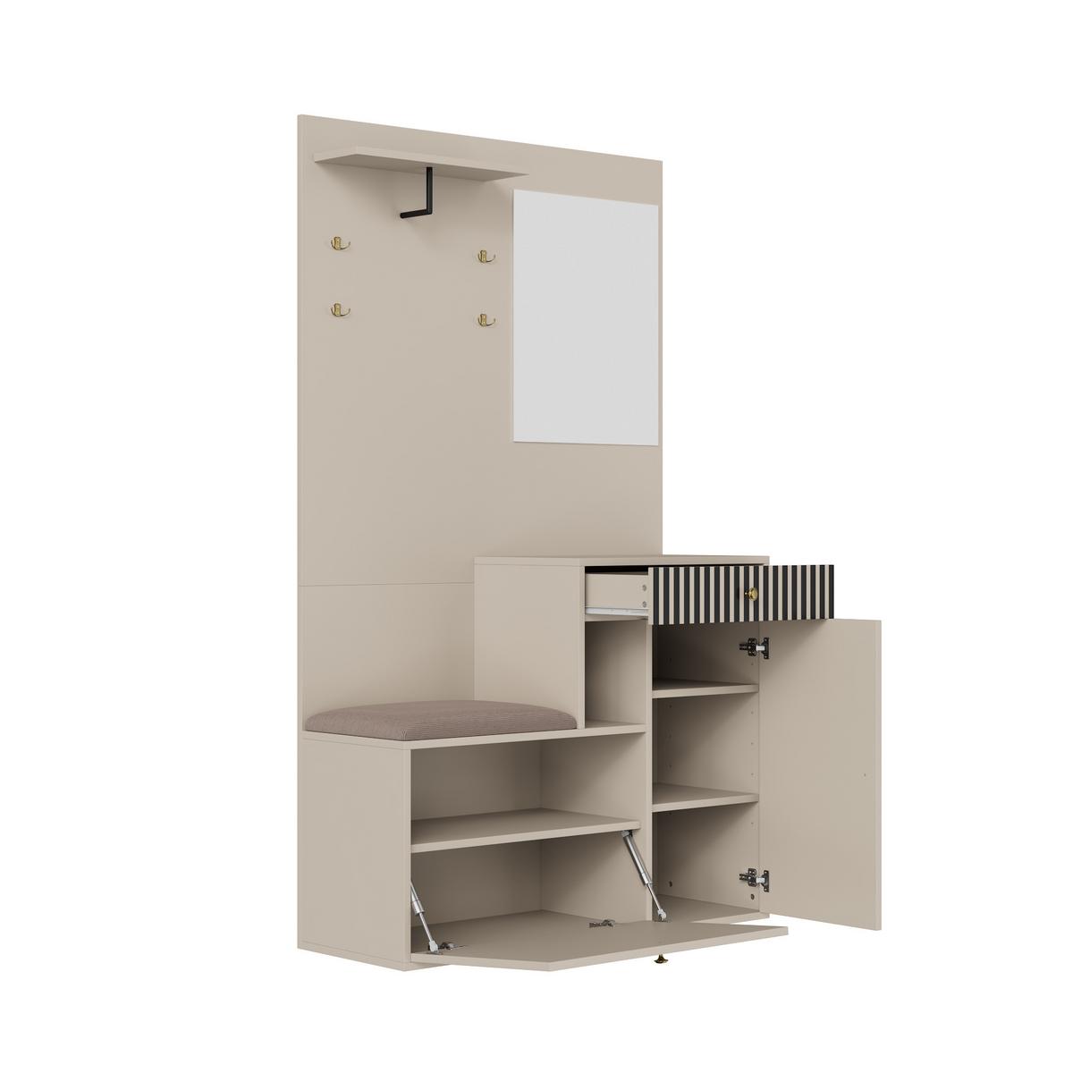 GARDEROBE FÜR FLUR - kombischrank mit Spiegel, Sitzbank und Stauraum - Beige, Glas/Holzwerkstoff (110/186/37cm) - Urban Meuble