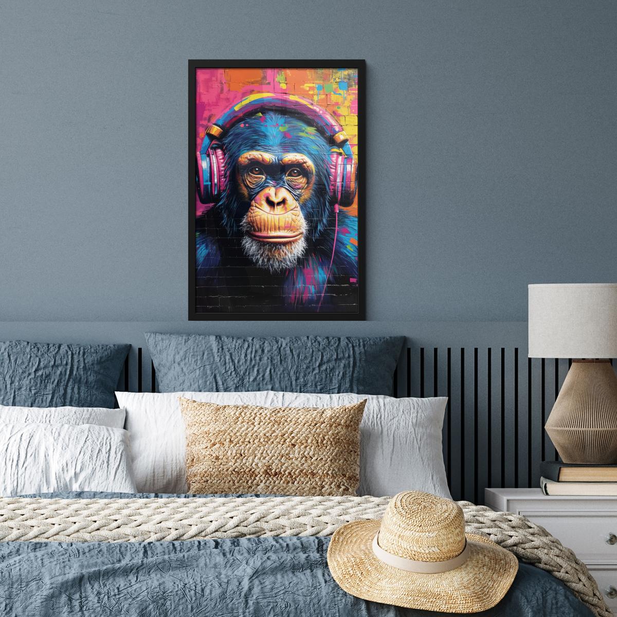 POSTER MIT RAHMEN Graffiti - Schimpanse - Straßenkunst - Kopfhörer - Affe Bilder mit Rahmen 40x60 cm - Blau, Papier (40/60cm) - MuchoWow