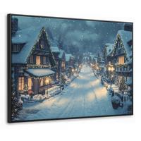 LEINWAND Bilder mit Rahmen - Weihnachtsdorf - Weihnachten - Schnee - Winter - 70x50 - Dunkelblau, Textil (70/50cm) - MuchoWow