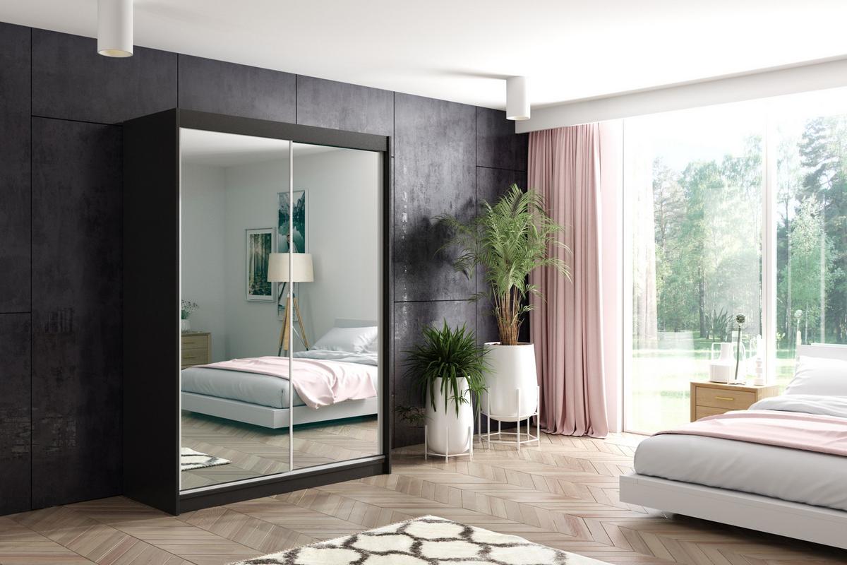 KLEIDERSCHRANK mit Spiegel-Schiebetüren und Aluminium-Leisten - DEBI - 120 cm Schwarz - Schwarz, Holzwerkstoff (120/216/61cm) - ALTDECOR