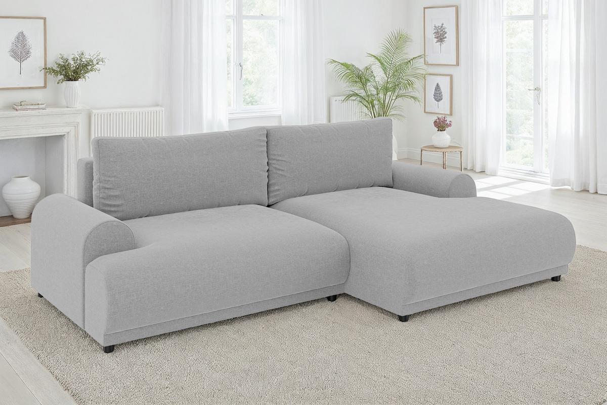 ECKSOFA mit Schlaffunktion, Bettkasten, extrabreite Ottomane rechts, abgerundete Armlehnen, B240/T145/H81 cm, Chenille Hellgrau / 21025 - Hellgrau/Schwarz, Kunststoff/Textil (240/145cm) - luma-home