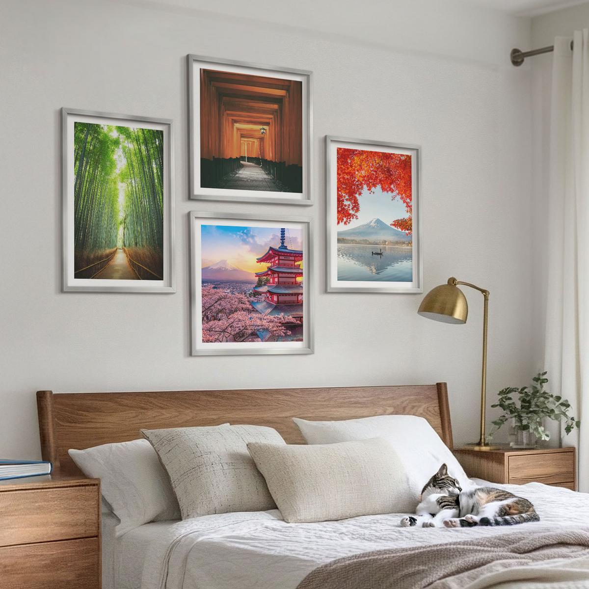 BILDER SET 4er Set - 50x50 cm & 40x60 cm Silberner Rahmen - Fuji-Torii-Bambuswald, Japan - Silberfarben, Kunststoff (50/50cm) - TULUP