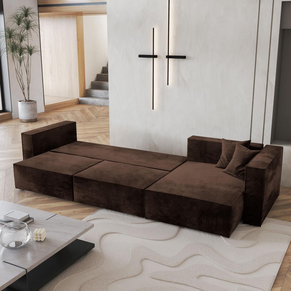ECKSOFA TOLMO M Braun Velours-Stoff mit Schlaffunktion - Braun/Grau, Holz/Kunststoff (347/148cm) - MASSENO