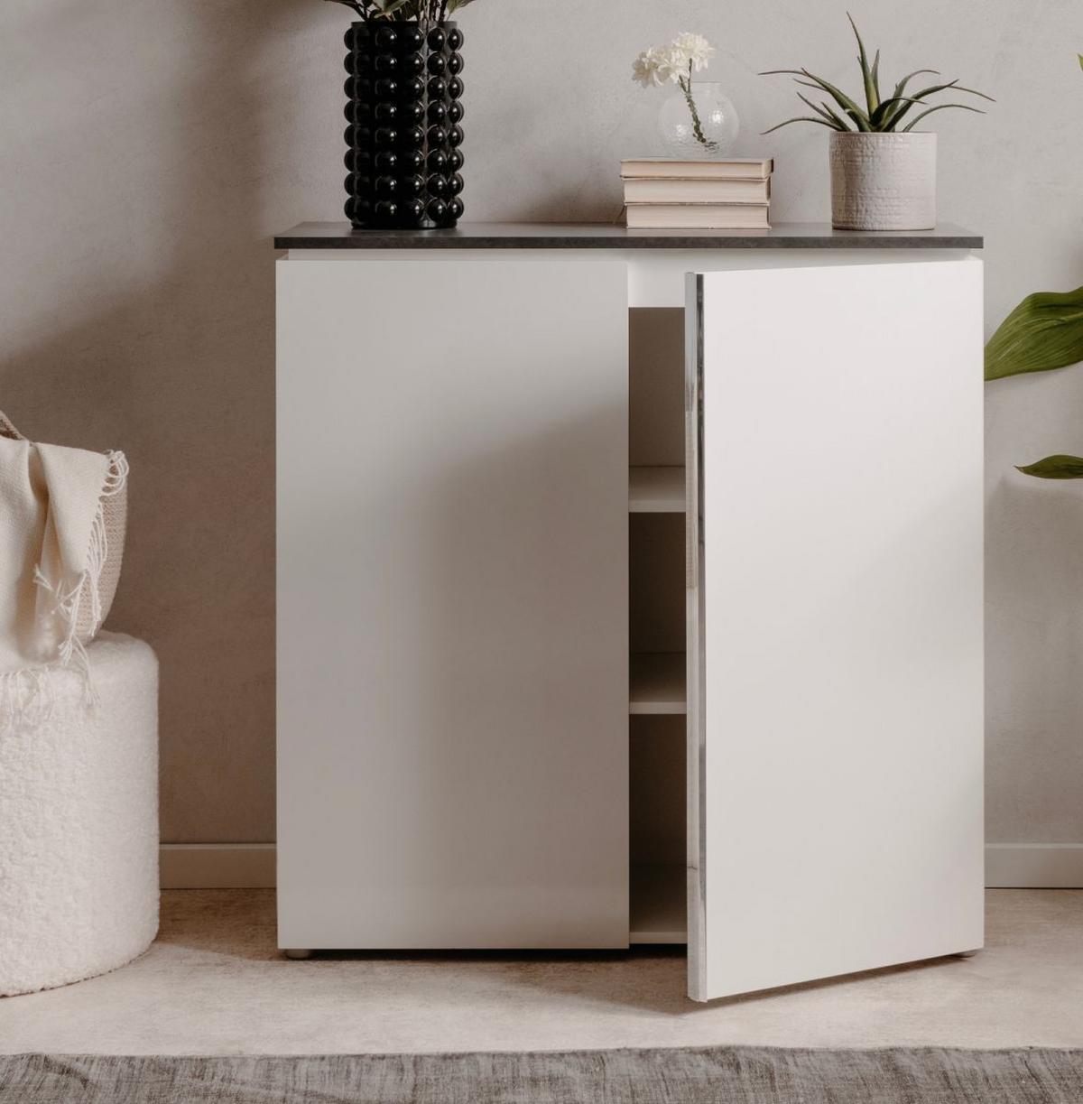KOMMODE weiß Glanz, grau 89 x 92 cm, Sideboard 2-türig - Chromfarben/Silberfarben, Holzwerkstoff/Kunststoff (88.5/92/40cm) - Furn.Design