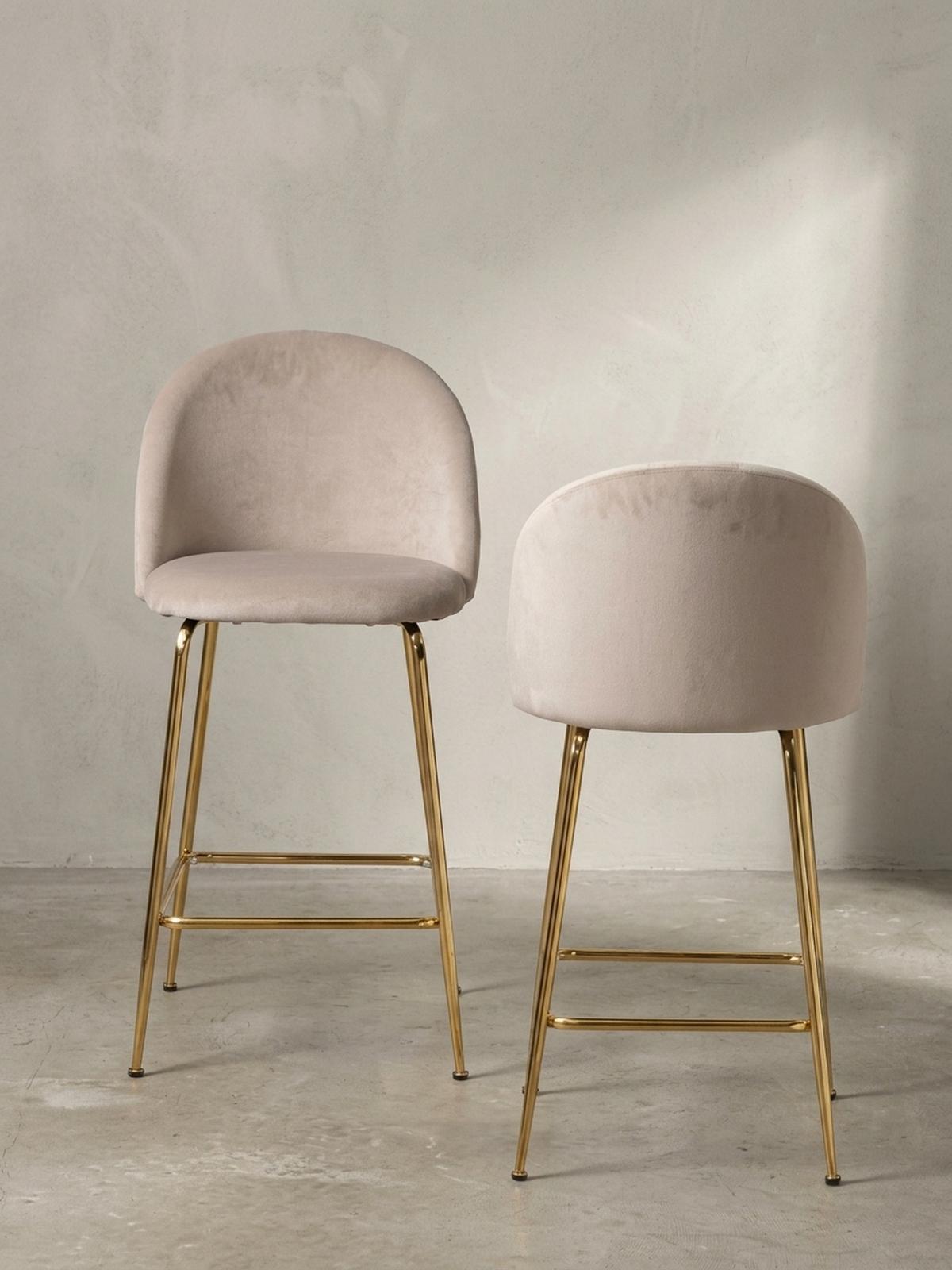 BARHOCKER 2er Set Samt Lehne Goldgestell Skandi-Stil Gepolstert, Beige 50x50x102 cm - Beige/Goldfarben, Textil/Metall (50/102/50cm) - KADIMA DESIGN