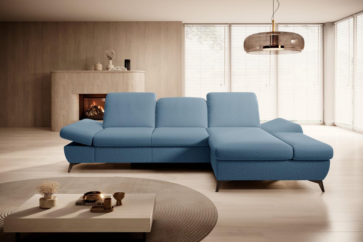 ECKSOFA FELICE R-S Blau Geflochtener Stoff mit Schlaffunktion - Blau, Holz (284/166cm) - MASSENO