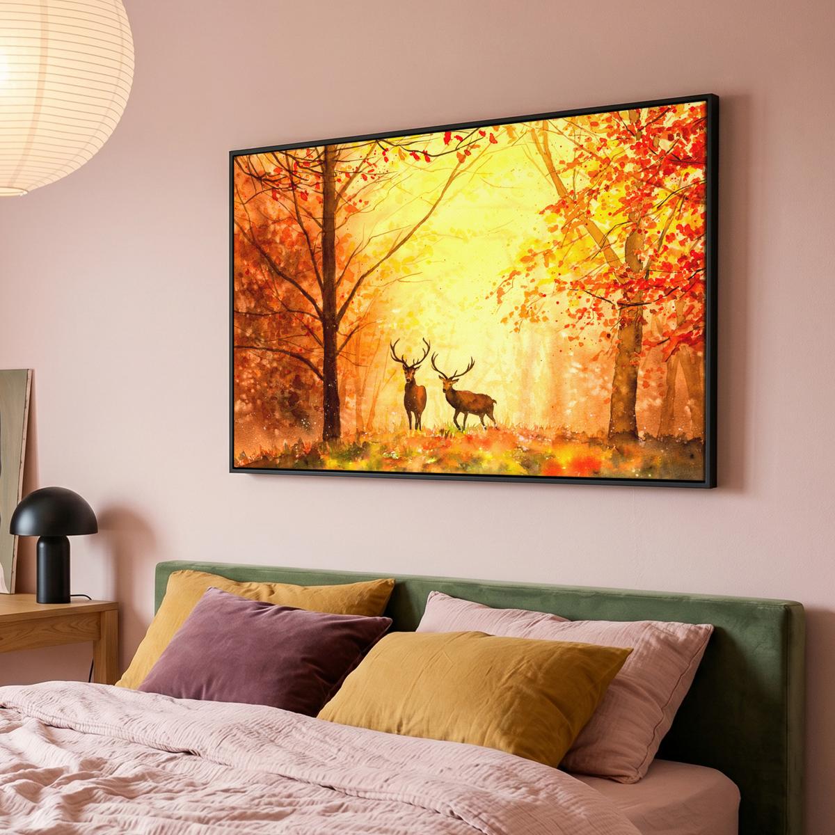 LEINWAND Bilder mit Rahmen - Natur - Ölfarbe - Hirsche - Tiere - Herbst - Orange - 120x80 - Orange, Textil (120/80cm) - MuchoWow