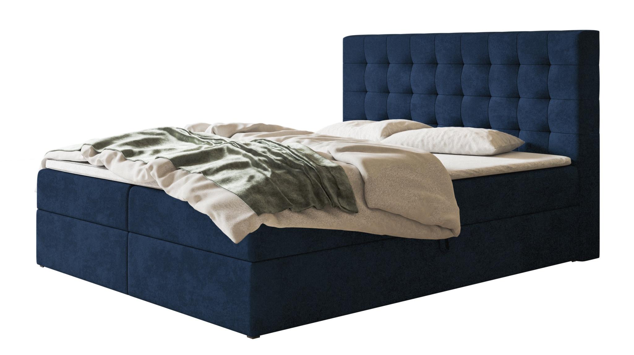 BOXBETT RIO mit 2 Bettkästen, 140x200, Farbe: Dunkelblau, Velourstoff, Doppelbett mit Bonell-Matratze - Dunkelblau, Holz/Kunststoff (140/200cm) - Alpi-Möbel