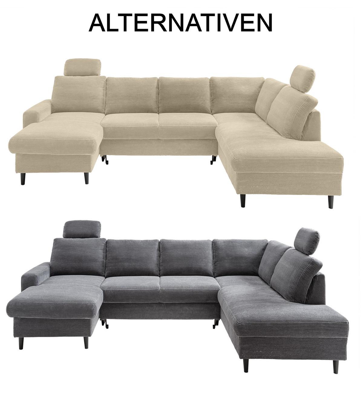 WOHNLANDSCHAFT mit Schlaffunktion Bettkasten Wellenunterfederung, 2 Kopfstützen, U-Form B305/T200/H88 cm, Cord Beige Grau / 17205 - Greige/Schwarz, Holz/Textil (305/88/200cm) - luma-home
