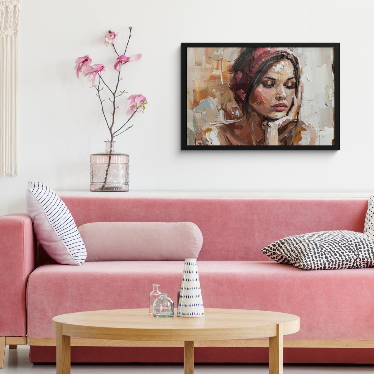 POSTER MIT RAHMENGERAHMTES BILD Frau - Lackierung - Porträt - Modern 60x40 cm - Altrosa, Papier (60/40cm) - MuchoWow