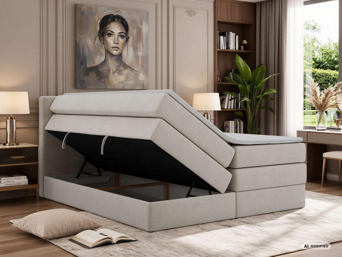 BOXSPRINGBETT SOLVEN KING 140/200 - Hellgrau Jersey - Topper Visco - H4 - Hellgrau/Schwarz, Kunststoff/Textil (140/200cm) - MKS