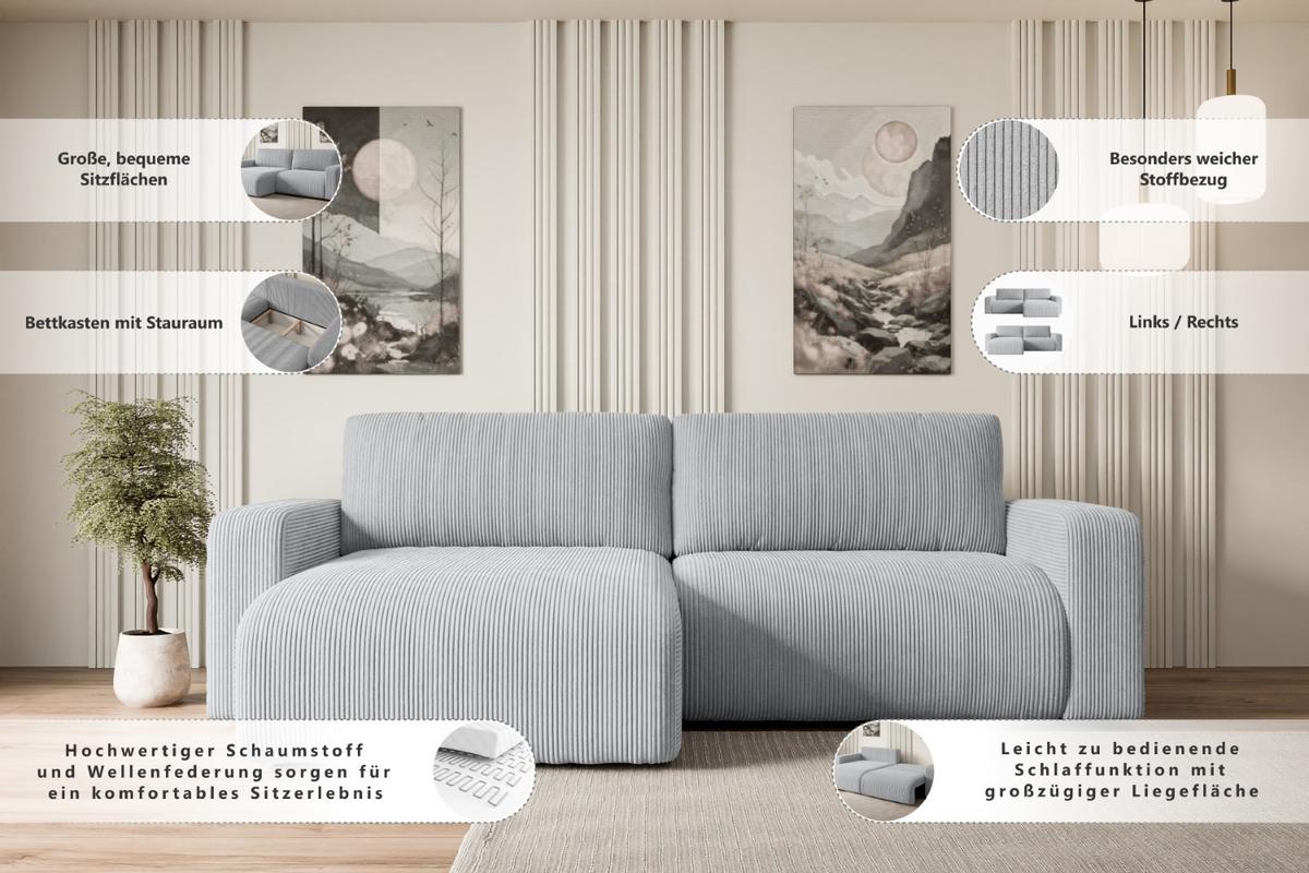 ECKSOFA mit Schlaffunktion und Bettkasten KLEEA-L - 247x143x83 cm Hellbraun Velours - Hellbraun/Schwarz, Holzwerkstoff/Kunststoff (247/143cm) - ALTDECOR