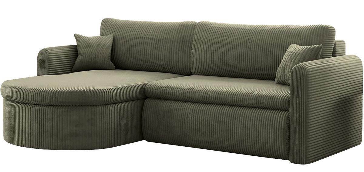 ECKSOFA Cora mit Schlaffunktion & Stauraum, Universell Rechts/Links, Olivgrün Cord Chenille 250/82/160 cm - Schwarz/Grün, Kunststoff/Textil (250/160cm) - WFL GROUP