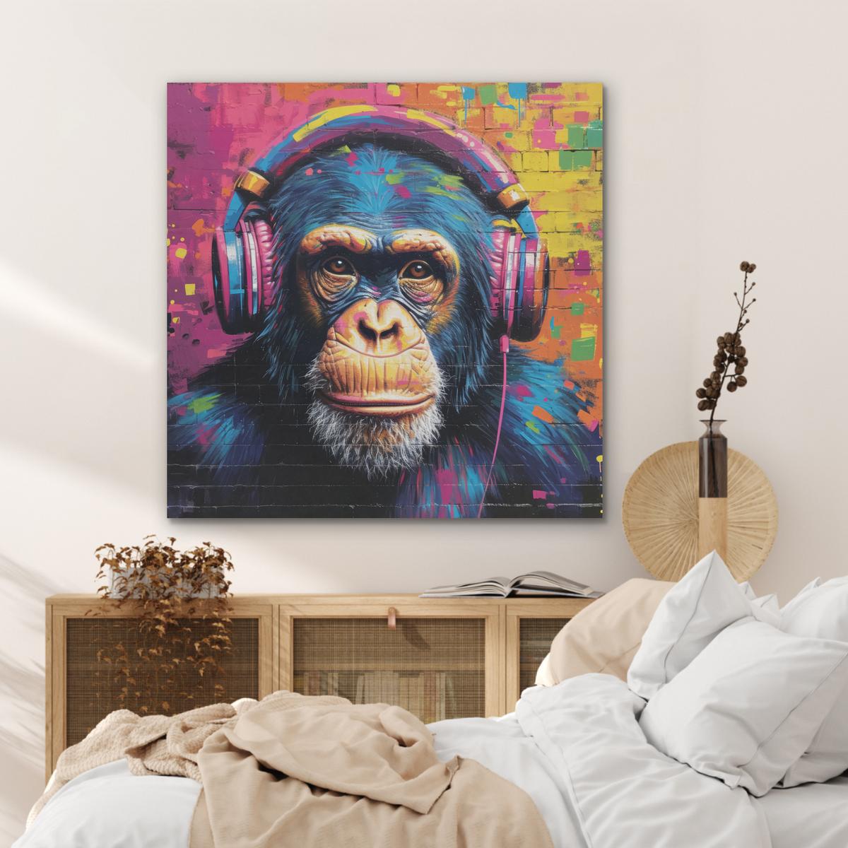 AKUSTIKBILD Graffiti - Schimpanse - Straßenkunst - Kopfhörer - Affe Akustikpaneele 90x90 cm - Blau, Kunststoff (90/90/0.9cm) - MuchoWow