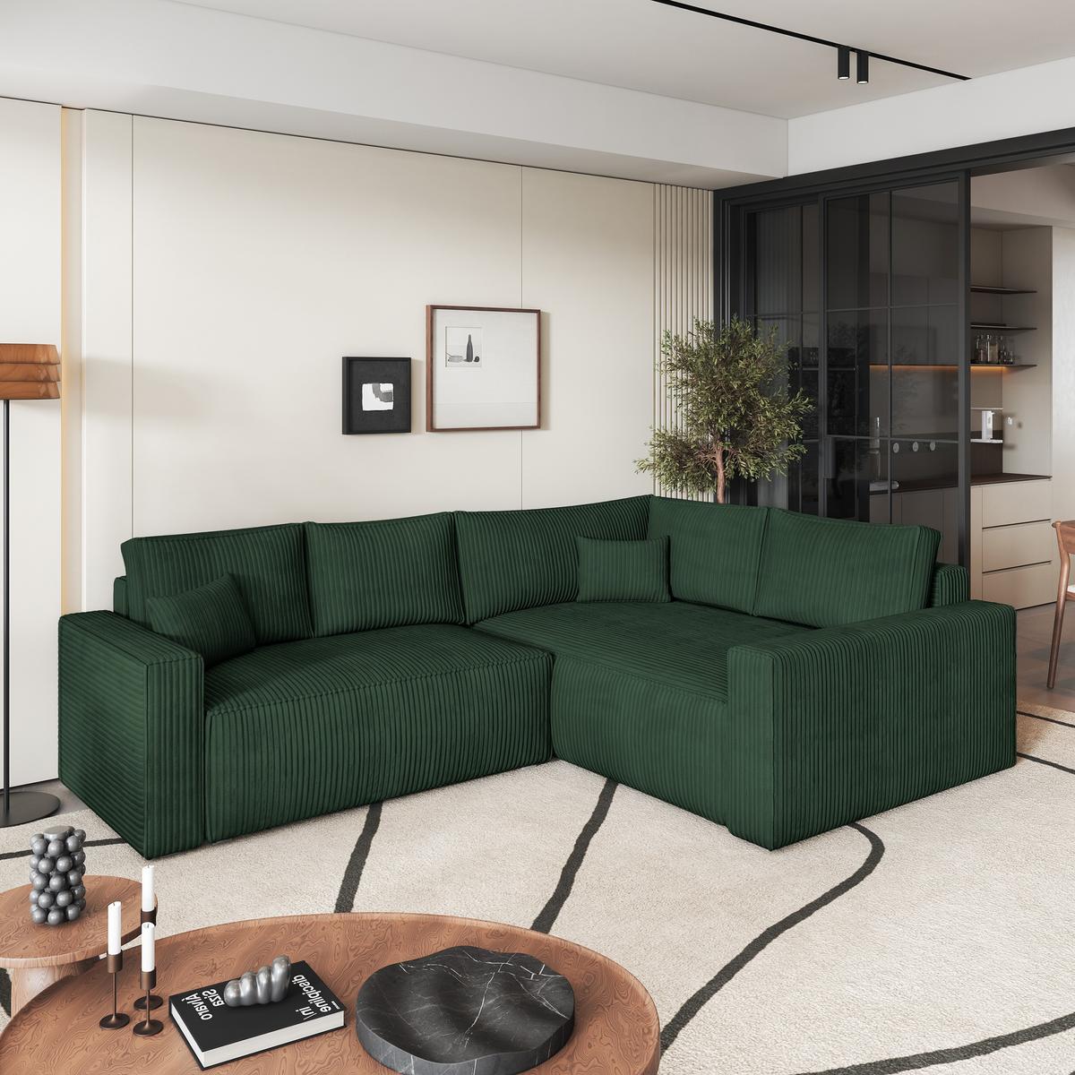 ECKSOFA ERONIS R-S Grün Kordstoff mit Schlaffunktion - Grün, Holz (265/194cm) - MASSENO