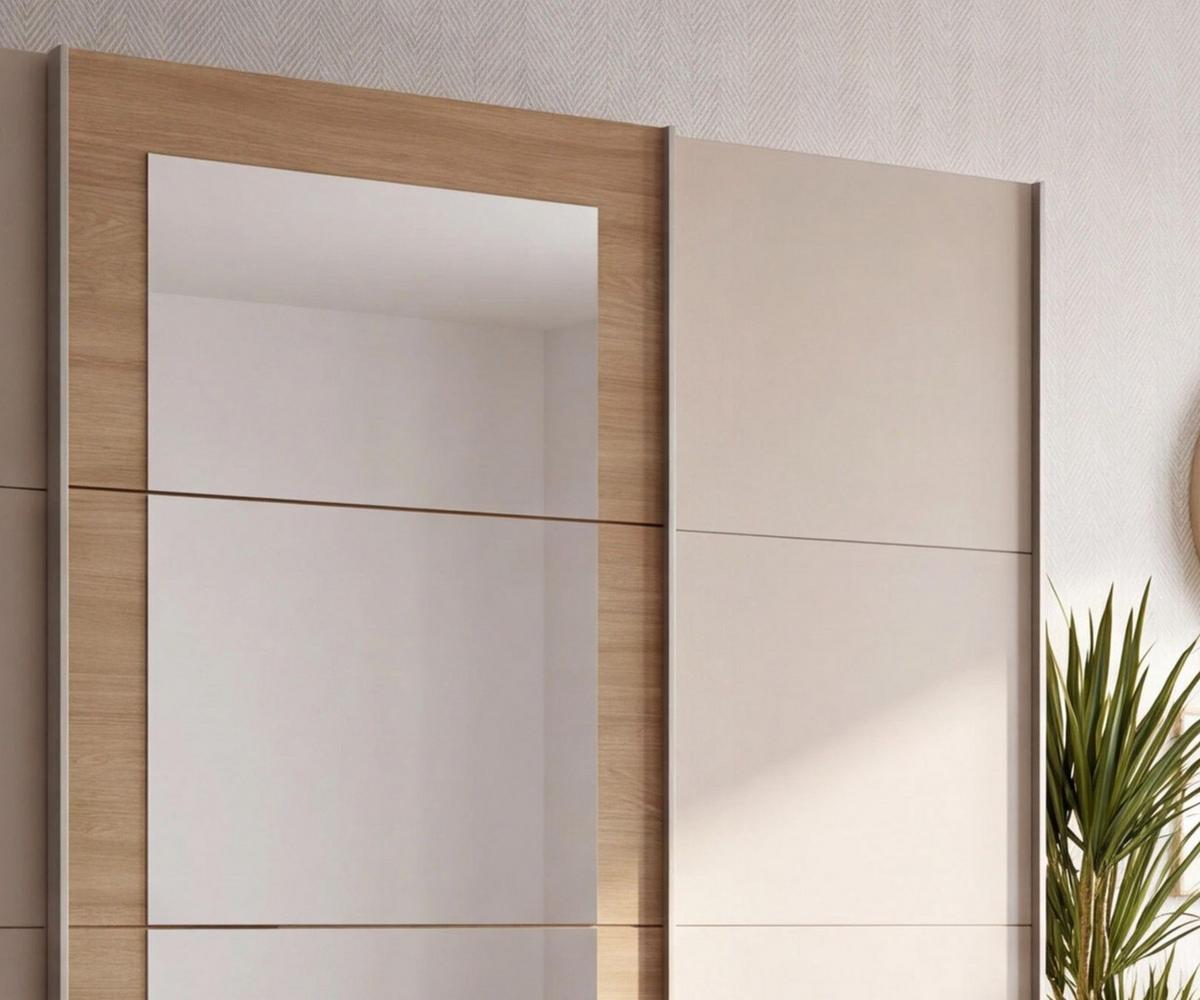 SCHWEBETÜRENSCHRANK 3-türig B225/H208/64 cm Kleiderschrank in Beige Grau, Spiegel umrahmt in Eiche Natur, Griffe Beige Grau / 22625 - Beige/Grau, Holzwerkstoff/Metall (225/208/64cm) - luma-home