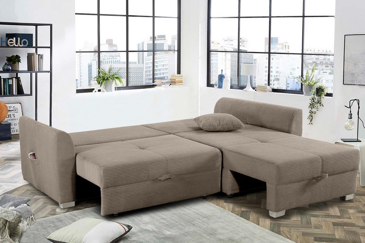 ECKSOFA mit Schlaffunktion und Bettkasten, seitenverkehrt montierbar B236/T160/H81 cm, Liegefl. 142x202 cm, Cord Braun Taupe / 15208 - Chromfarben/Braun, Kunststoff/Textil (236/160cm) - luma-home