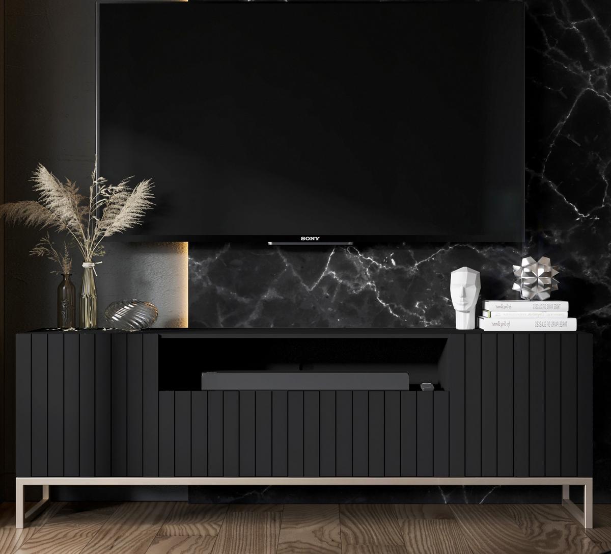 TV-SCHRANK Elpis2 Schwarz Matt mit Metallrahmen 150 cm - Goldfarben/Schwarz, Holzwerkstoff/Metall (150/51.5/36.5cm) - Meble Lindner