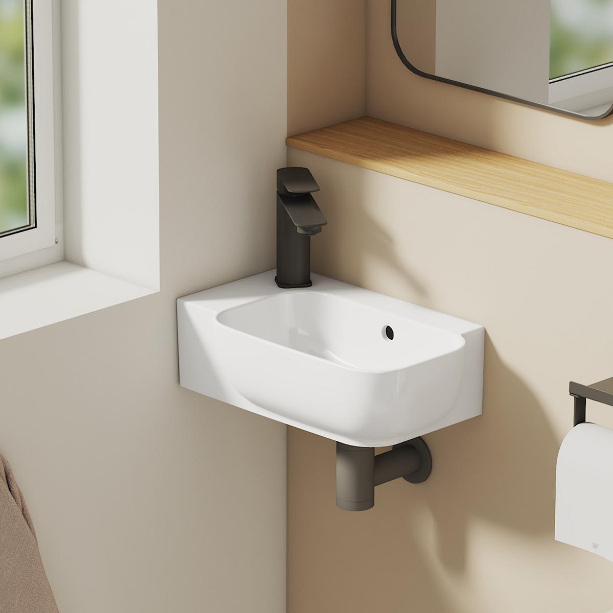 HANDWASCHBECKEN Links-Wasserhahnloch 40 / 25 / 14 cm - Weiß, Keramik (40/14/25cm) - EMKE