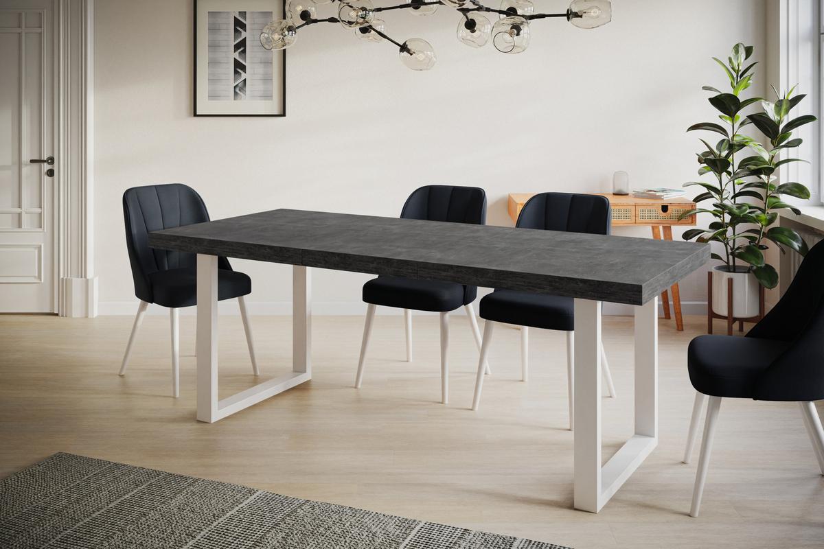 INDUSTRIELLER Esszimmertisch LOFT-U, ausziehbarer Tisch, Größe: 120-220X80X77 cm, Wohnzimmertisch Farbe: Dunkelgrau, mit Metallbeinen in Farbe Weiß - Dunkelgrau/Weiß, Holzwerkstoff (120/80/77cm) - Alpi-Möbel