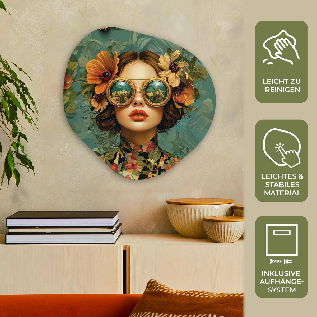 WANDBILD Frau - Blumen - Schmetterlinge - Natur - Vintage Wandbild 60x60 cm - Petrol, Kunststoff (60/60cm) - MuchoWow