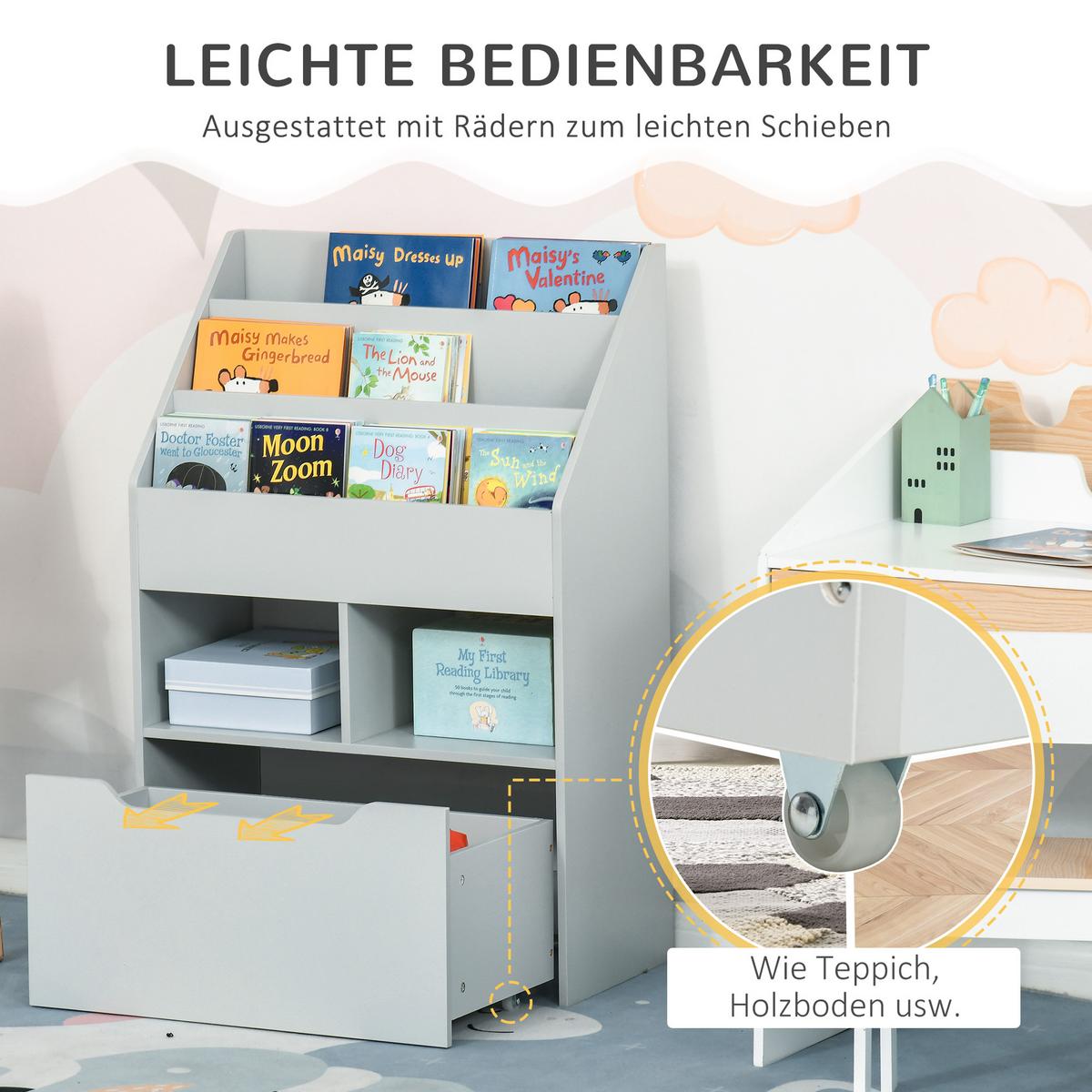 KINDER Bücherregal Kinderregal mit Schublade, 3 Ablagefächern, 2 offenen Fächern - Grau, Holzwerkstoff (29.9/90/60cm) - HOMCOM