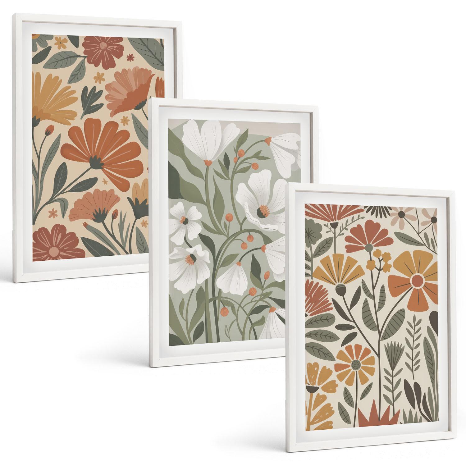 BILDER SET 3er Set - 40x60 cm Weißer Rahmen - Blumenmuster in Orange und Grün - Weiß, Kunststoff (40/60cm) - TULUP