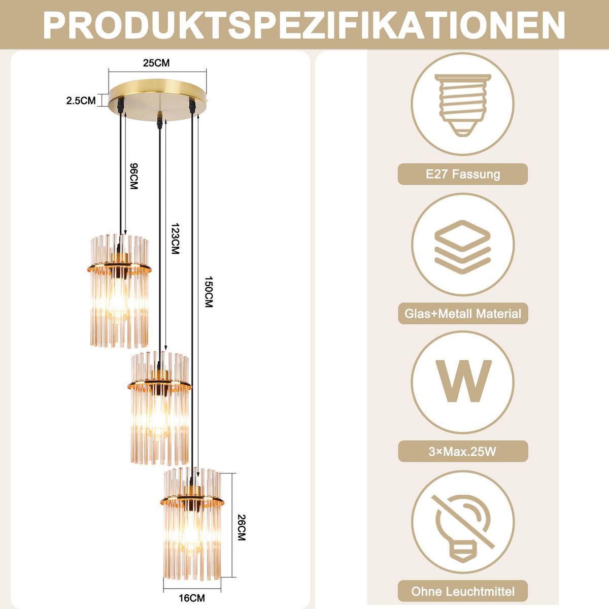 PENDELLEUCHTE Sage 25/25/150 cm - Goldfarben, Glas (25/25/150cm) - ZMH
