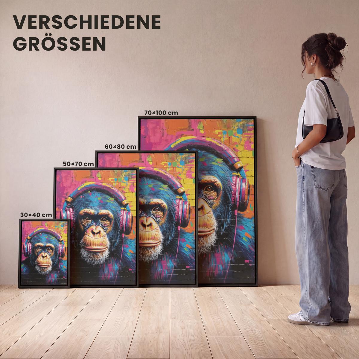 LEINWAND Bilder mit Rahmen - Graffiti - Schimpanse - Straßenkunst - Kopfhörer - Affe - 30x40 - Blau, Textil (30/40cm) - MuchoWow
