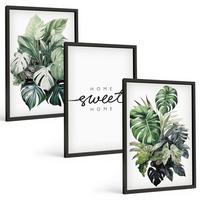 BILDER SET 3er Set - 40x60 cm Schwarzer Rahmen - Pflanzen mit der Aufschrift „Sweet Home“ - Schwarz, Kunststoff (40/60cm) - TULUP