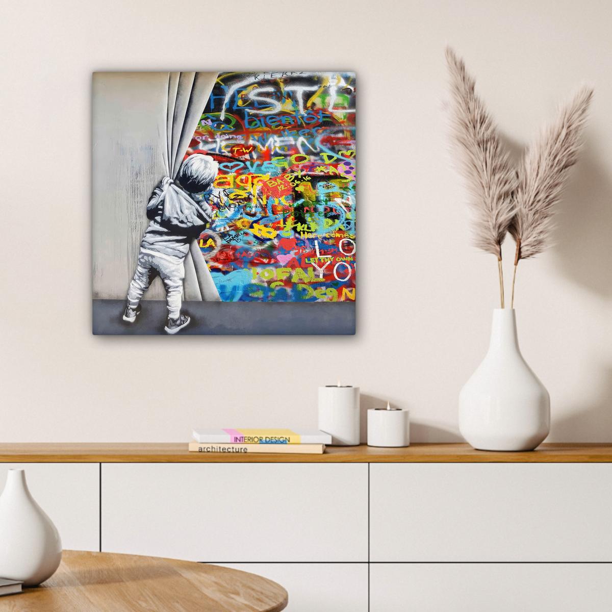 LEINWANDBILD Graffiti - Junge - Ilussie - Straßenkunst Wandbild Wohnzimmer 50x50 cm - Hellgrau, Textil (50/50cm) - MuchoWow