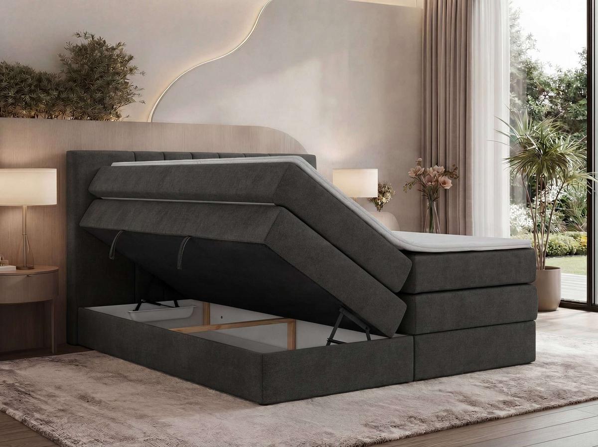 BOXSPRINGBETT INERO KING 140/200 - Dunkelgrau Stukture - Topper Visco - H3 - Dunkelgrau/Schwarz, Kunststoff/Textil (140/200cm) - MKS